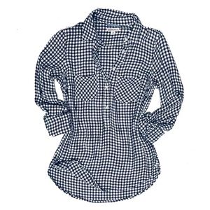 Merona Target black & white plaid half button down collared flannel blouse XS